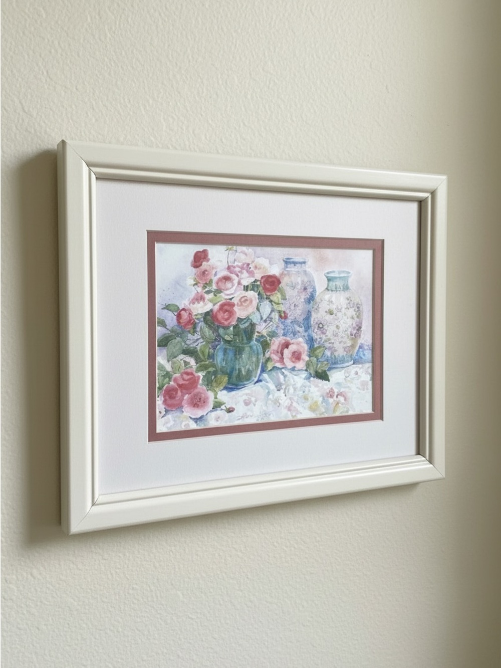 Vintage Dawna Barton Floral Bouquet Watercolor Wall Art Print Cream Wood Frame
